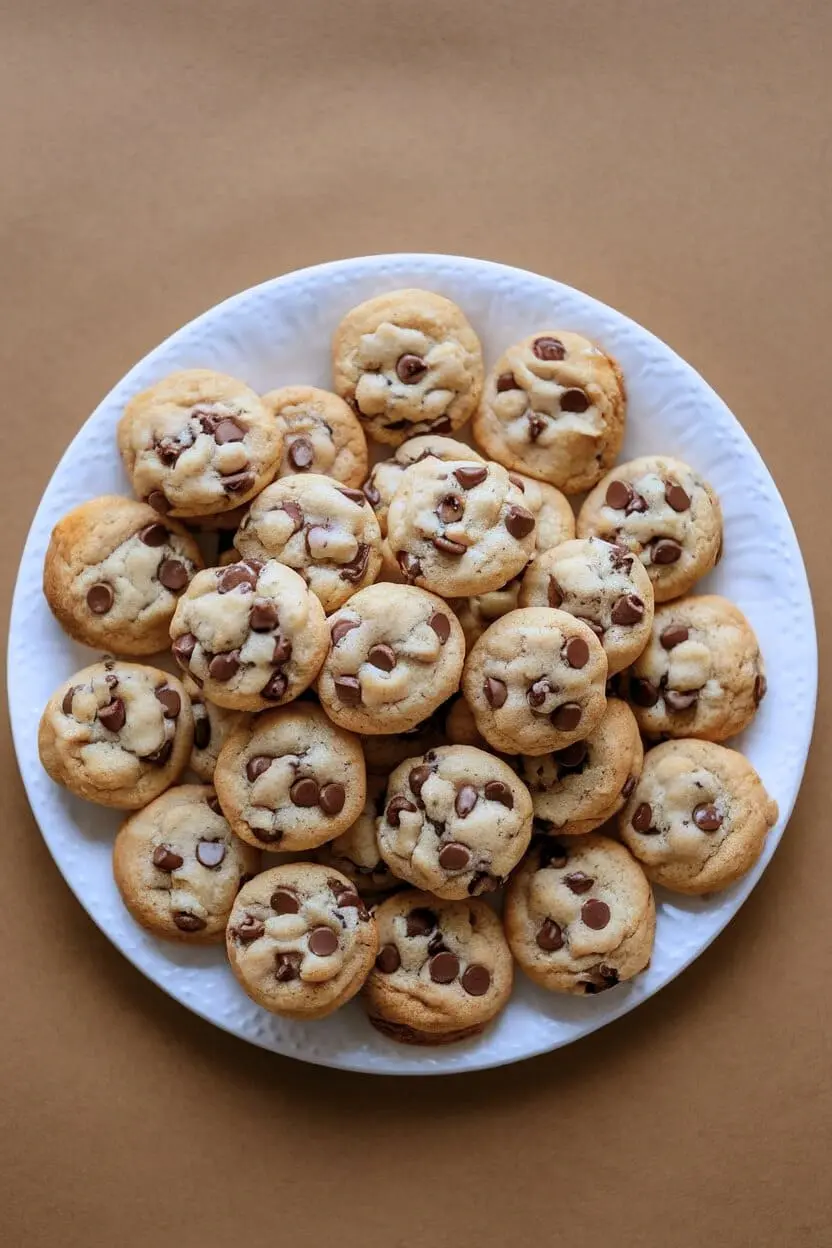 top-down view of large white plate filled with mini chocolate chip cookies.