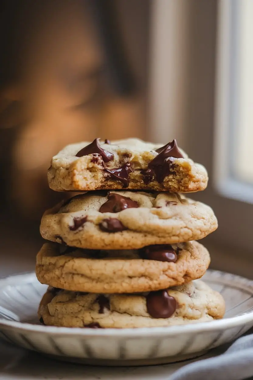 A stack of cream cheese chocolate chip cookies on a white plate, with the top one having a bite taken out.