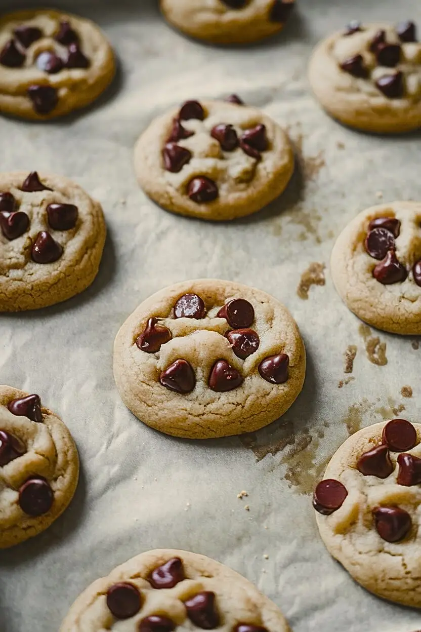 Final result of cream cheese chocolate chip cookies on parchment paper.