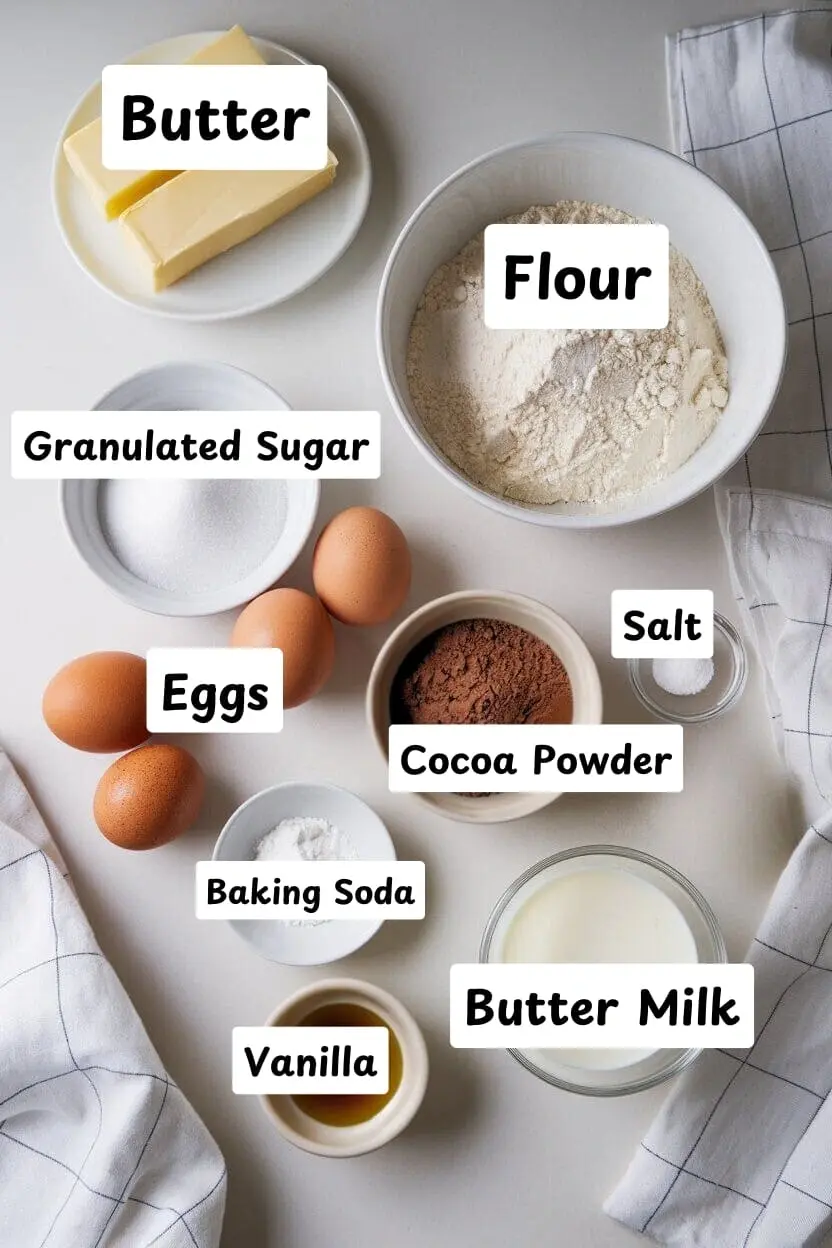 Ingredients for Chocolate Pound Cake on a white table including butter, flour, granulated sugar, eggs, salt, cocoa powder, baking soda, butter milk, and vanilla.