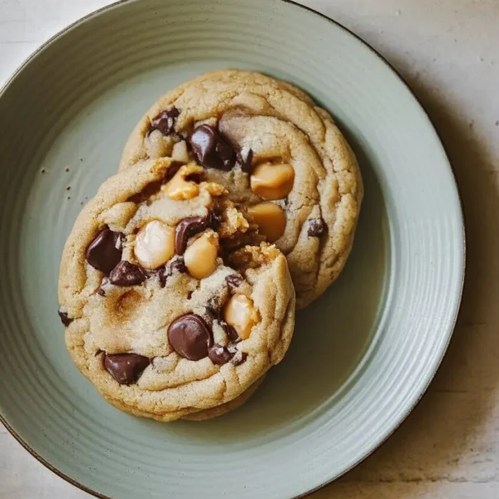 Two chewy Caramel Chip Cookies on light green plate, one of them is has small bite taken out showing the melty chocolate and caramel chips.