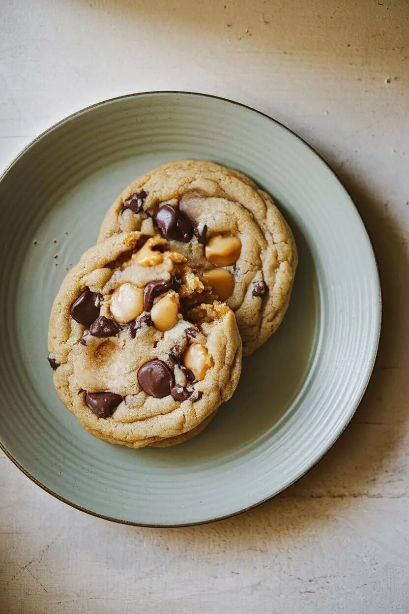 Two chewy Caramel Chip Cookies on light green plate, one of them is has small bite taken out showing the melty chocolate and caramel chips.