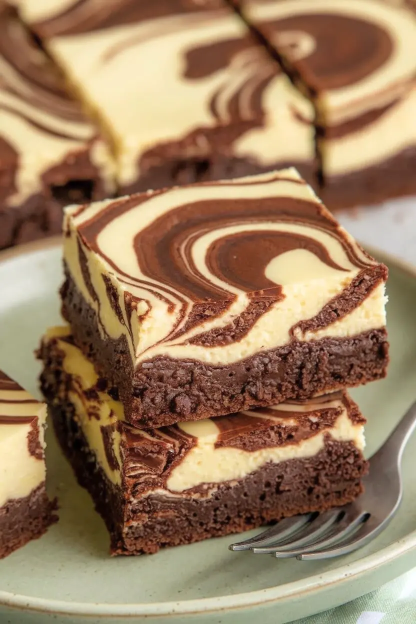 Rich Cheesecake Brownies with swirled chocolate on top. on light green plate and a fork.