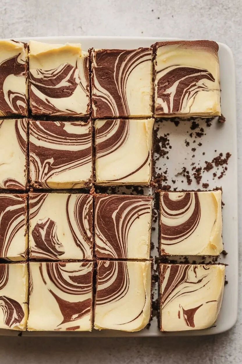 Top-down view of a chewy cheesecake brownies on a white large plate cut into squares with on brownie is missing.