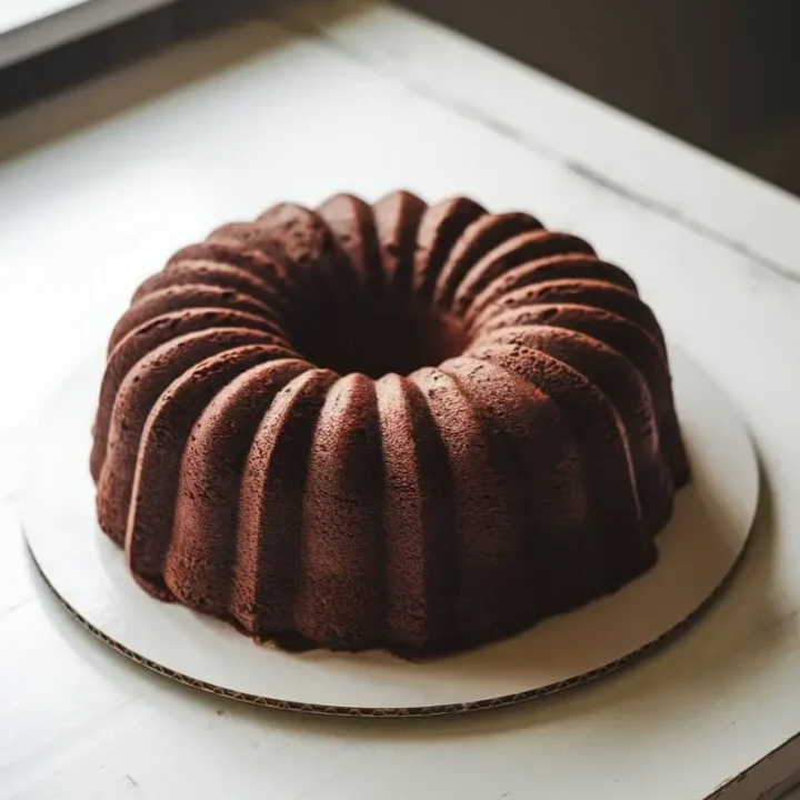 Chocolate Pound Cake on large plate near to a window with natural lighting enhancing the cake texture