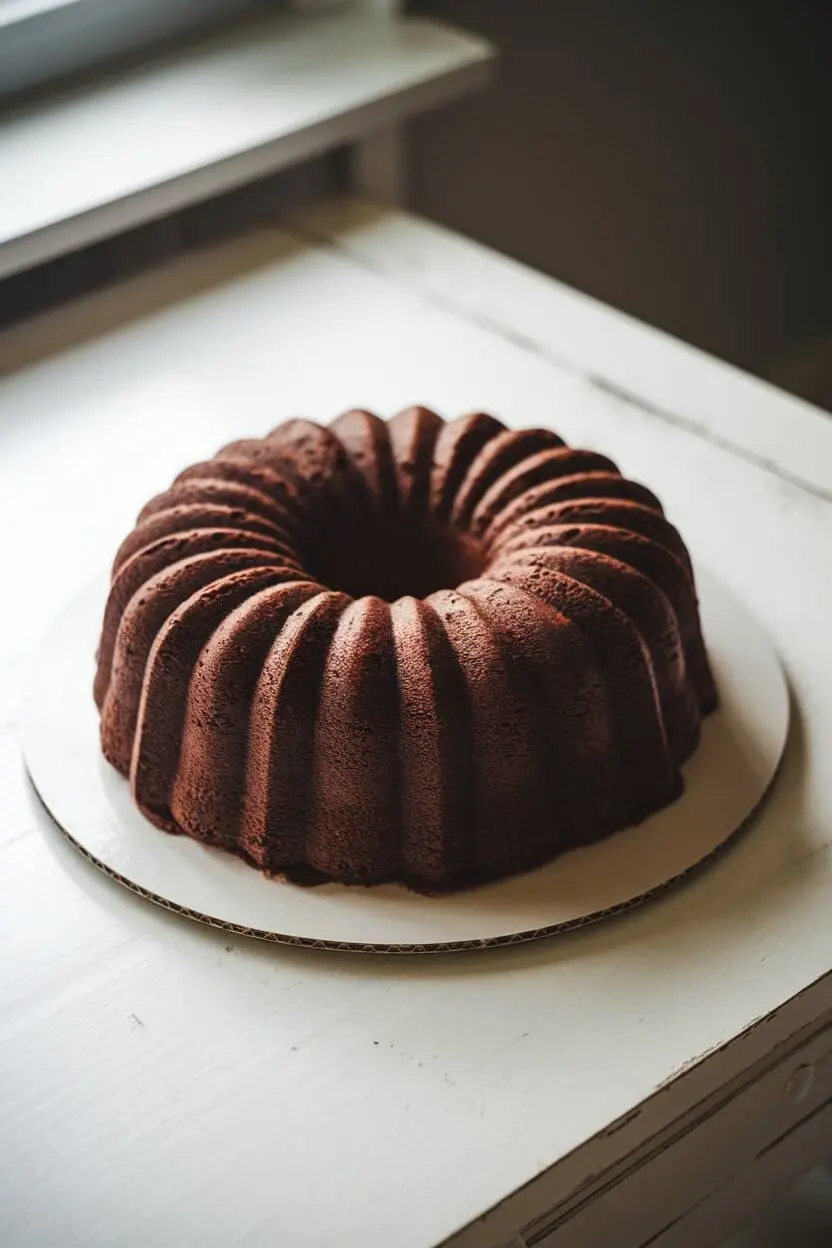 Chocolate Pound Cake on large plate near to a window with natural lighting enhancing the cake texture