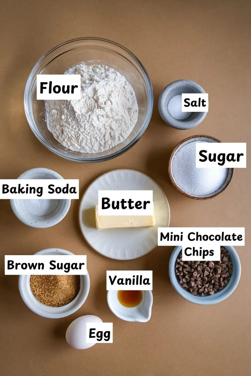 Ingredients for mini chocolate chip cookies on a brown surface including flour, salt, sugar, butter, baking soda, mini chocolate chips, vanilla, brown sugar, and one egg.