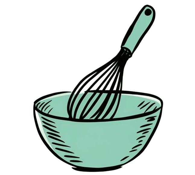 Illustration of a green whisk placed inside a matching green bowl, drawn in a simple, animated style