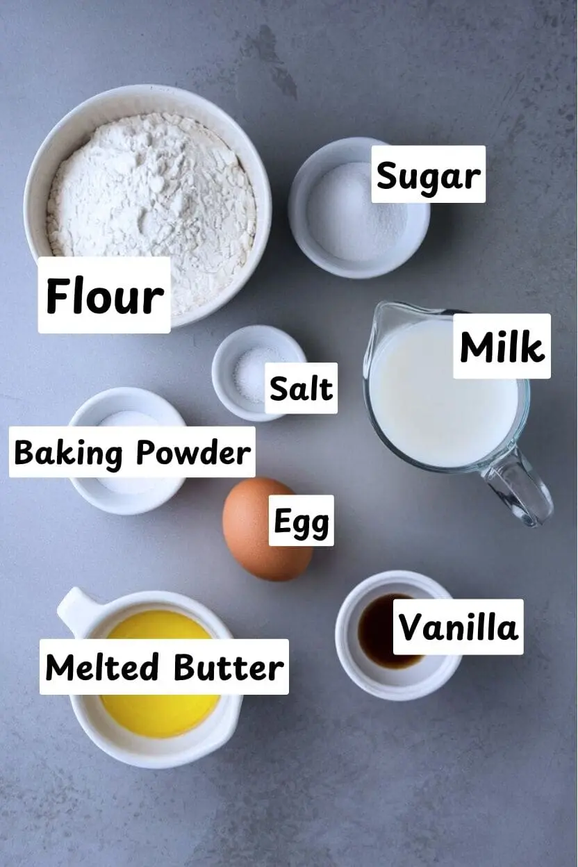 Ingredients for mini pancakes including flour, sugar, salt, milk, baking powder, egg, vanilla, and melted butter.