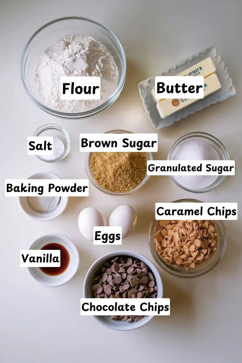 Ingredients for Caramel Chip Cookies on white surface including butter, flour, salt, brown sugar, granulated sugar, baking powder, eggs, caramel chips, vanilla, and chocolate chips.