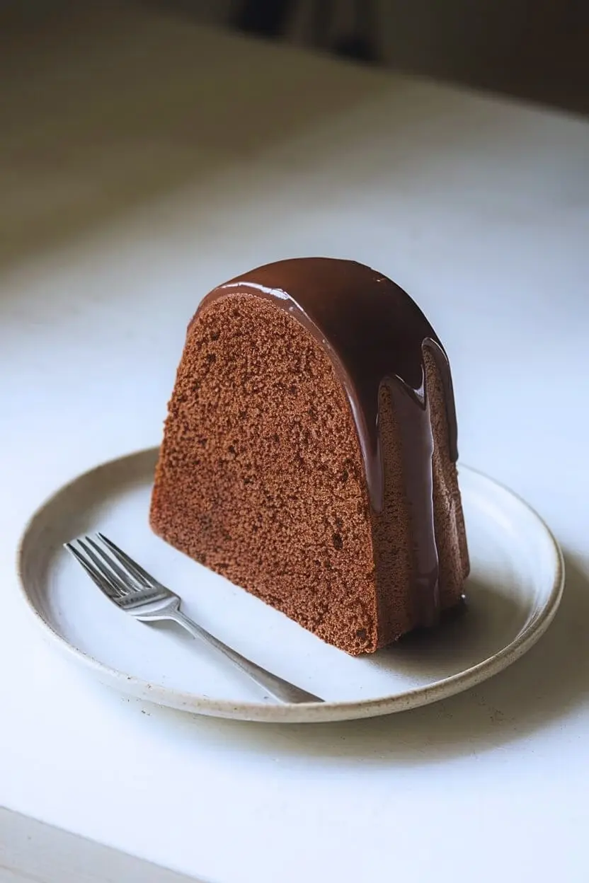 slice of chocolate Pound Cake with warm Chocolate Ganache.