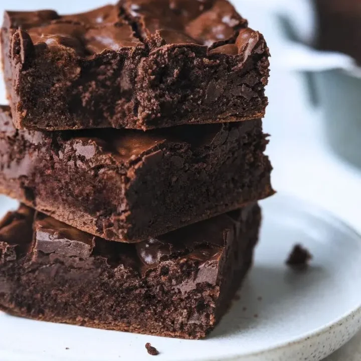 A stack of fudgy dark chocolate Sourdough Brownies on a white plate.