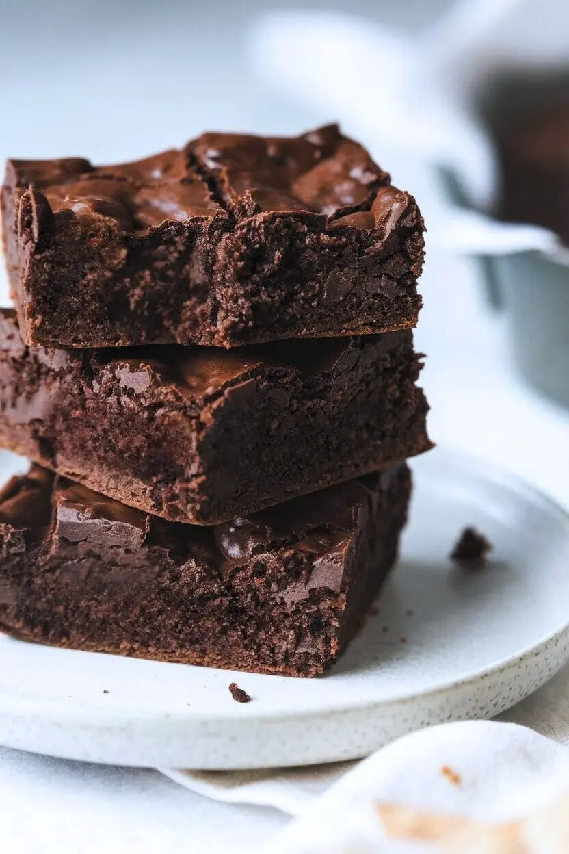 A stack of fudgy dark chocolate Sourdough Brownies on a white plate.