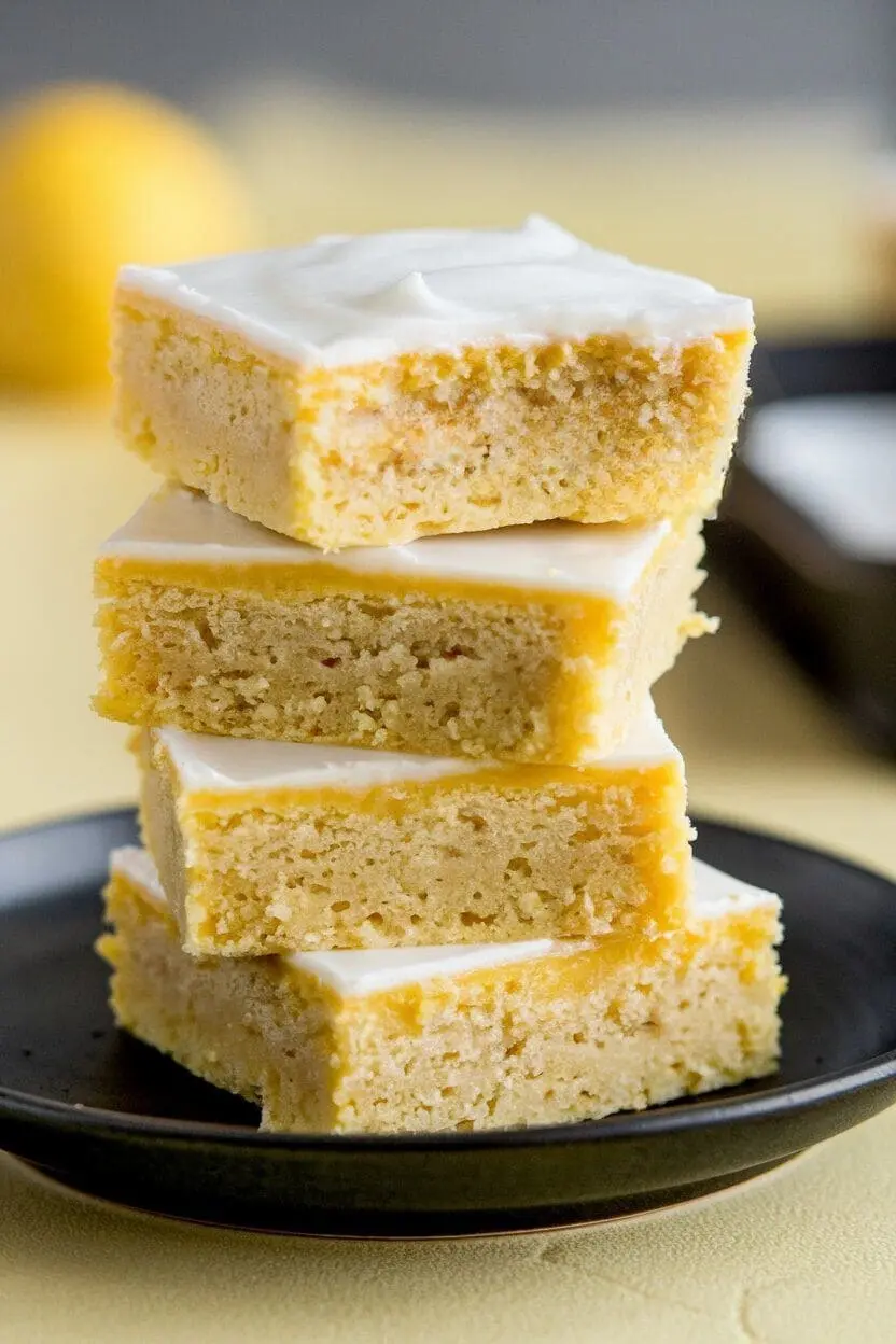 stack of lemon brownies on a black plate atop a light-yellow surface.