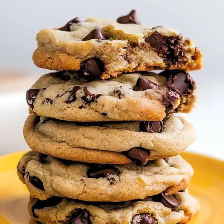 Stack of small batch chocolate chip cookies on a yellow plate, with a bite taken out of the top cookie.