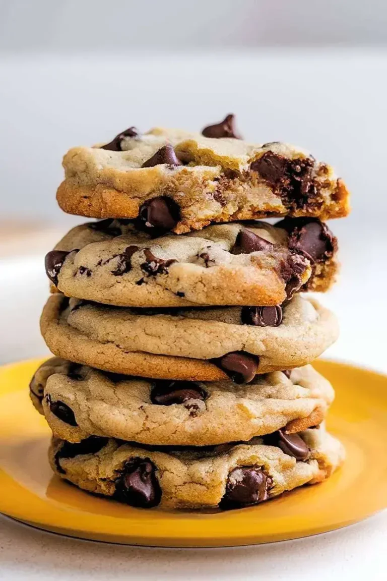 Stack of small batch chocolate chip cookies on a yellow plate, with a bite taken out of the top cookie.