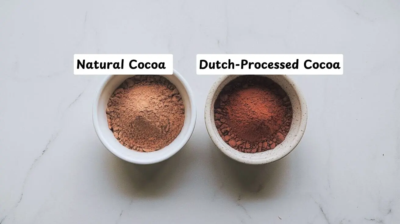 top-down Image of Natural cocoa vs Dutch processed cocoa, each one on its own bowl.