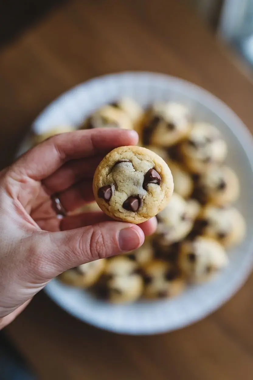 close up image of a hand holding a single mini chocolate chip cookie, showcasing its golden-brown texture. In the background, slightly blurred, there is a clean white plate filled with small mini chocolate chip cookies.