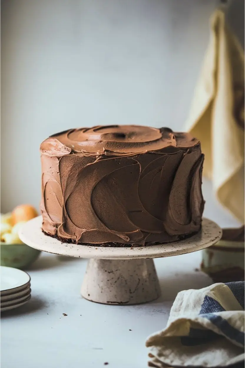 chocolate cherry cake on a beige cake stand covered all with smooth chocolate frosting.