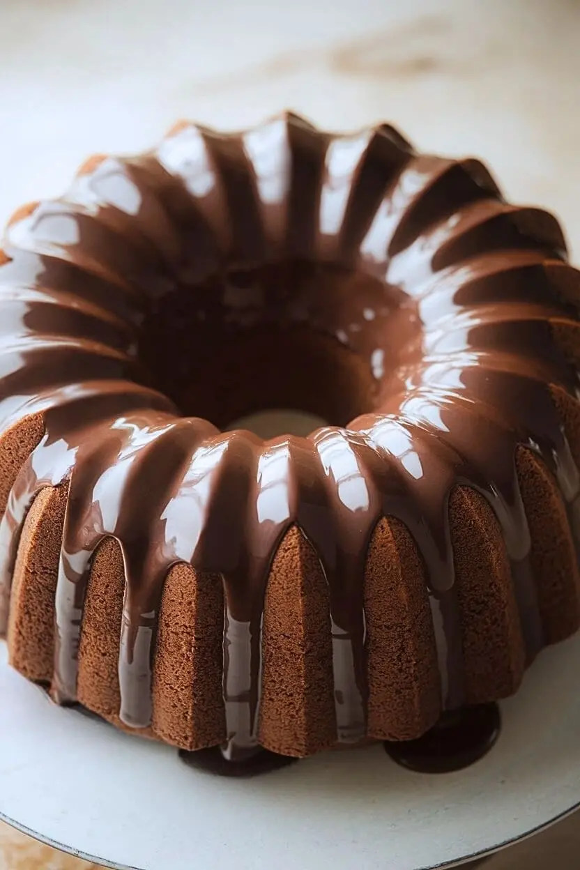 chocolate pound cake with warm Chocolate Ganache on top melting on sides of the cake.