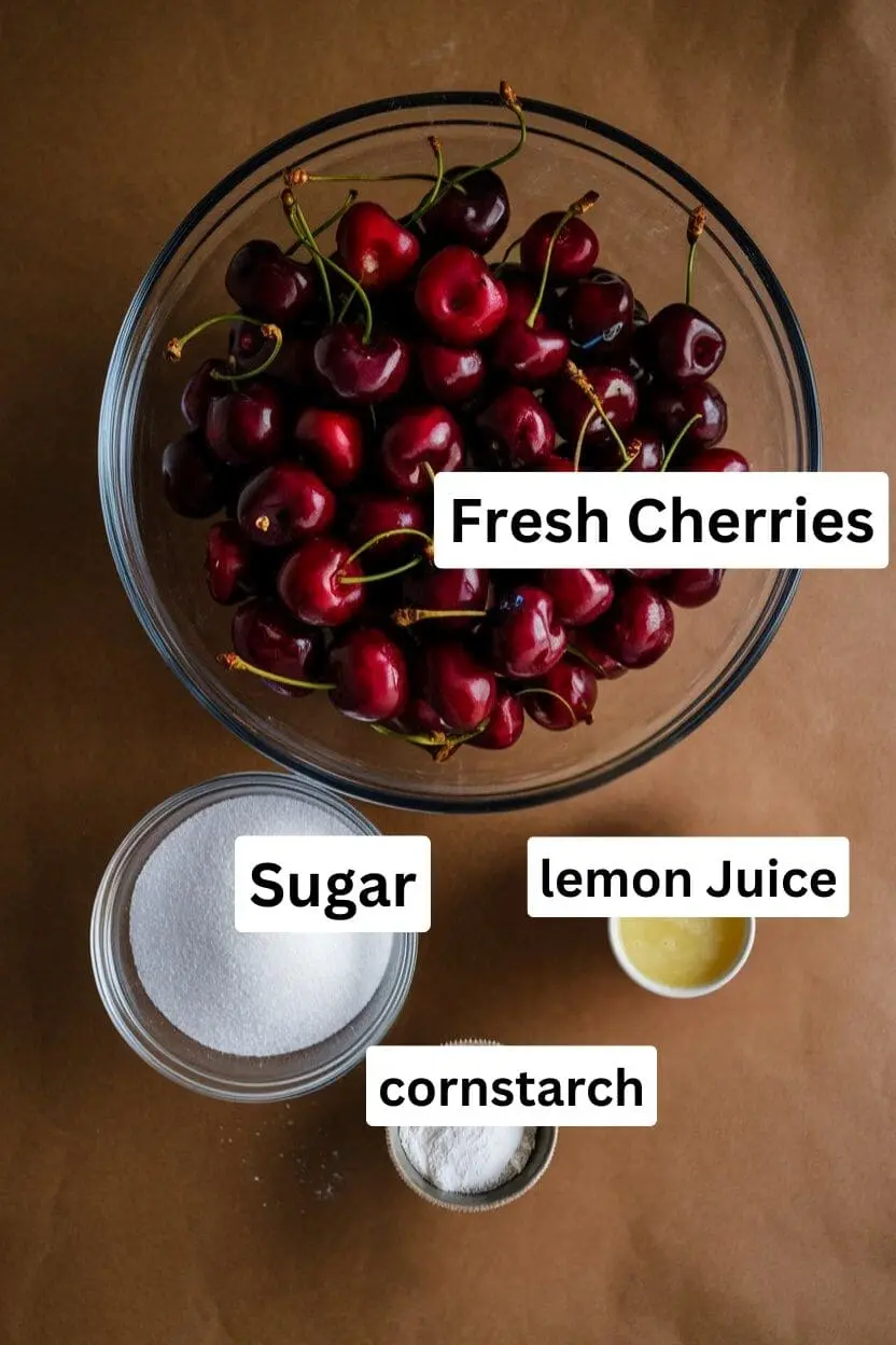 Ingredients of the the cherry filling on a brown surface including a large bowl filled with fresh cherries, sugar, lemon juice, and cornstarch.