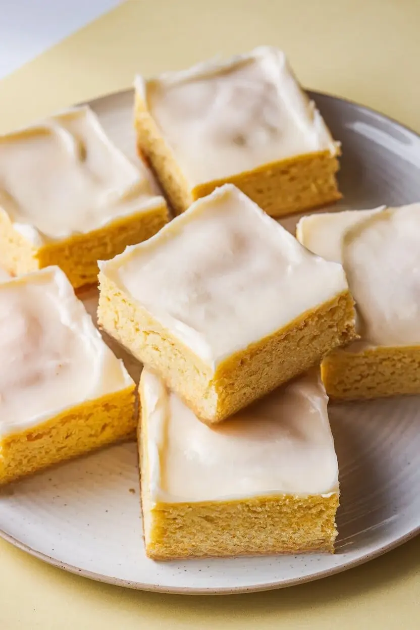 six lemon brownies arranged on a white plate.