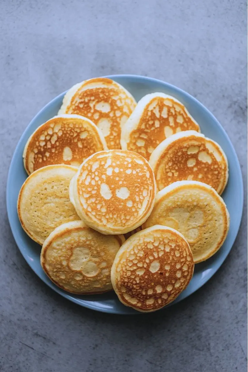 Top-down view of mini pancakes on a large plate atop a gray surface.