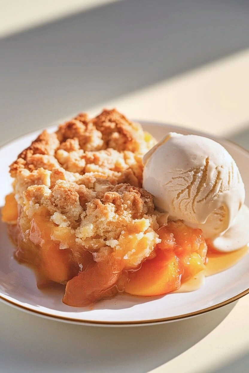 peach cobbler recipe with cake mix with ice cream on a white plate.