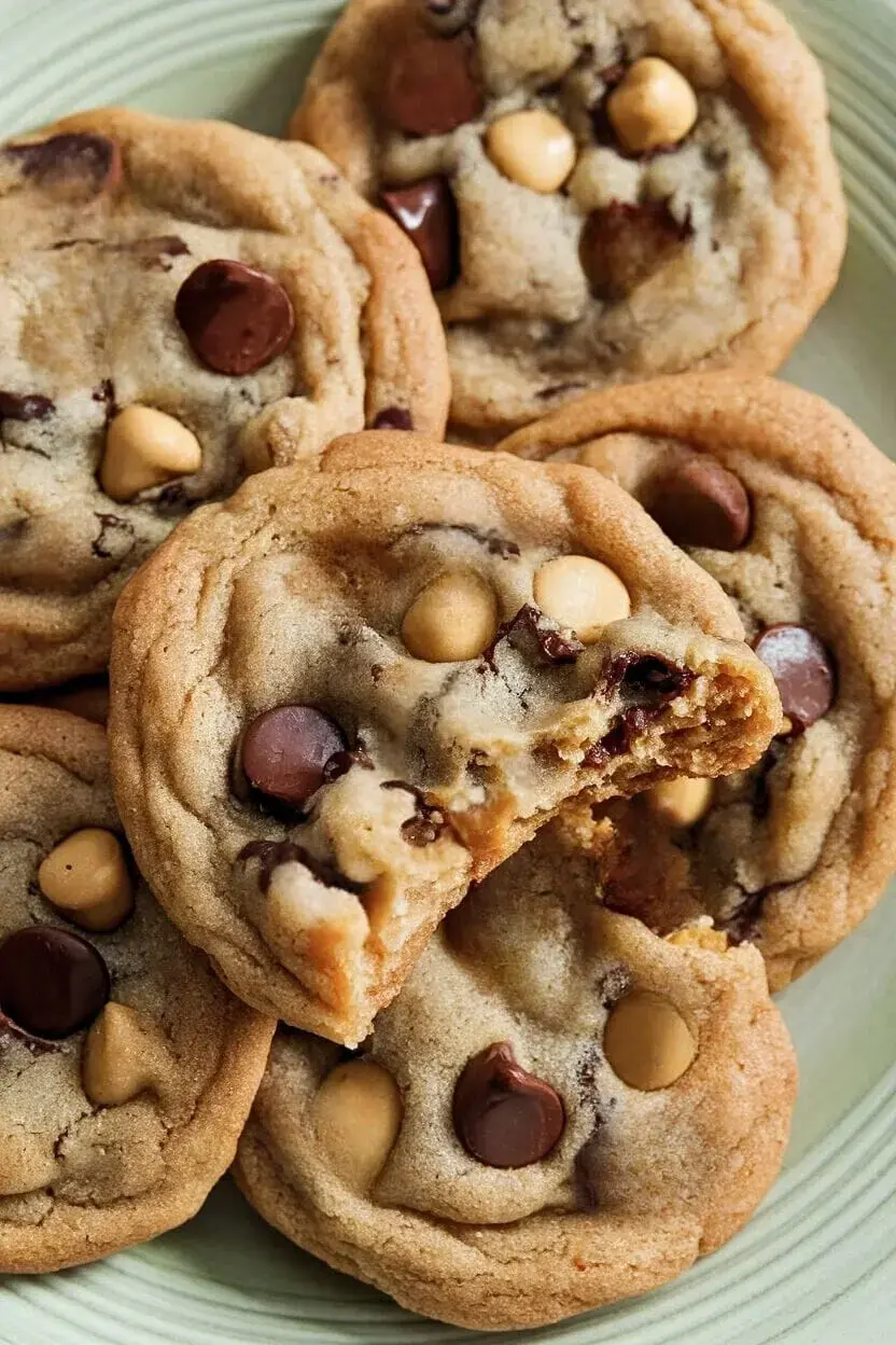 A few caramel chip cookies on light green plate, with the top cookie bitten into.