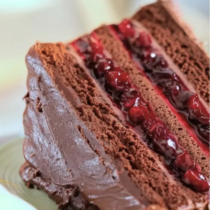 slice of a chocolate cherry cake on a light green plate showing the juicy cherry filling between the cake layers.