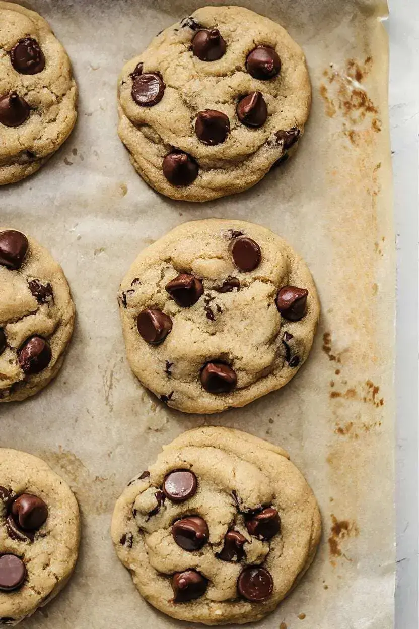 A small batch of freshly baked chocolate chip cookies rests on a baking sheet lined with parchment paper.