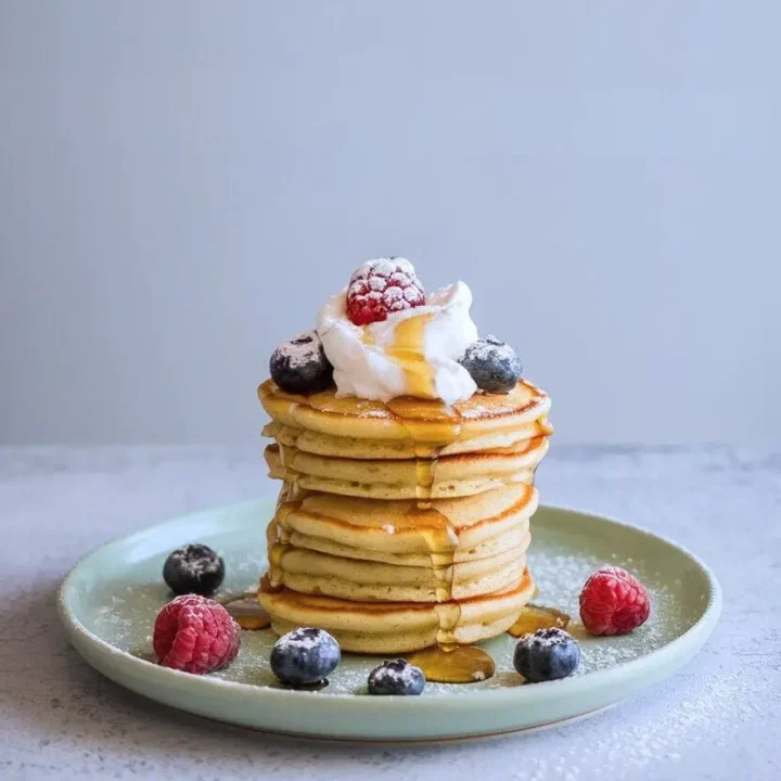 stack of mini pancakes topped with berries, a dollop of cream, and maple syrup, on a light green plate.