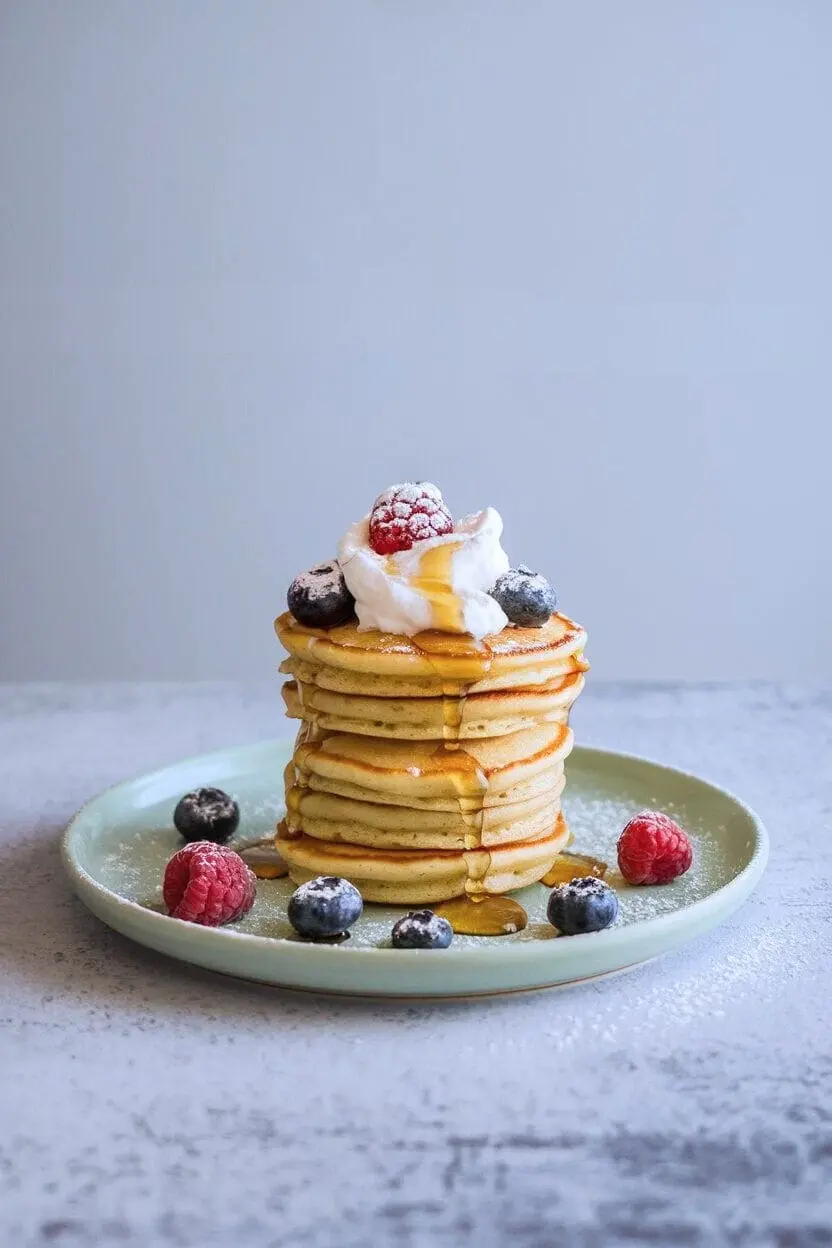 stack of mini pancakes topped with berries, a dollop of cream, and maple syrup, on a light green plate.