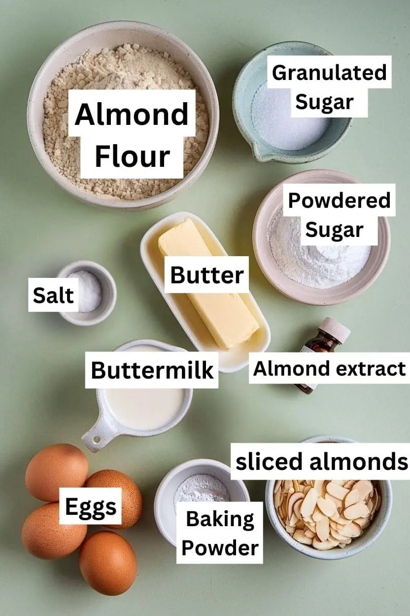 Ingredients for almond nut cake recipe including almond flour, sugar, powdered sugar, butter, salt, almond extract, buttermilk, sliced almonds, baking powder, and eggs.