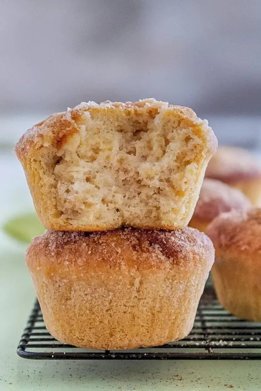 Two vegetarian cinnamon sugar donut muffins stacked, the top one with a bite taken out, exposing the soft interior, arranged on a cooling rack.