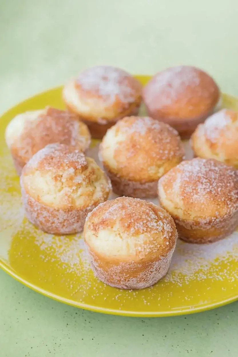 Vegetarian cinnamon sugar donut muffins, coated in cinnamon sugar, are arranged on a yellow plate atop a light green surface.