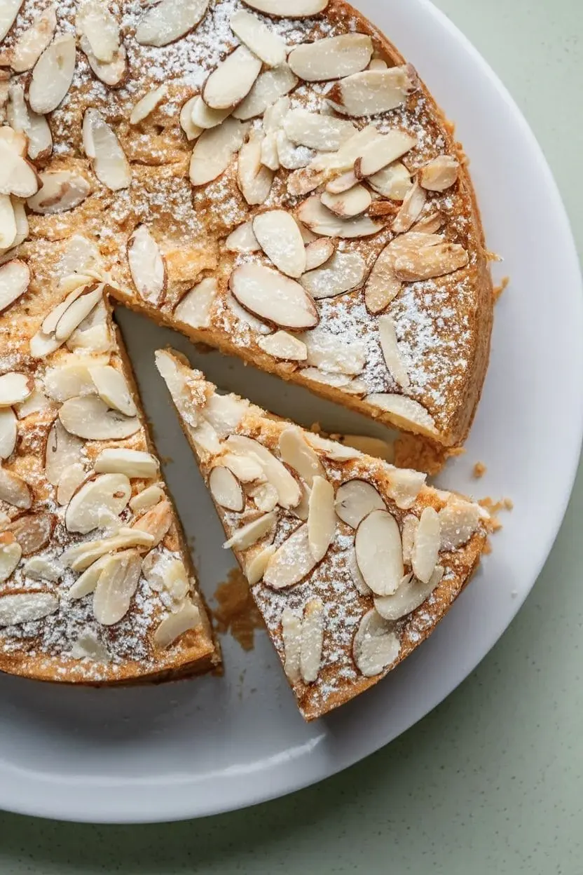 Top-down view of an almond nut cake on a white plate with a slice taken out, garnished with sliced almonds and a dusting of powdered sugar on top.