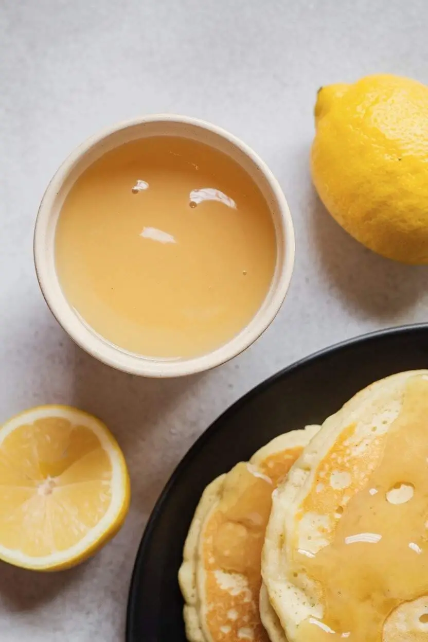 A top-down view of a bowl filled with lemon compote for pancakes, accompanied by some lemons and a plate of pancakes beside the bowl.