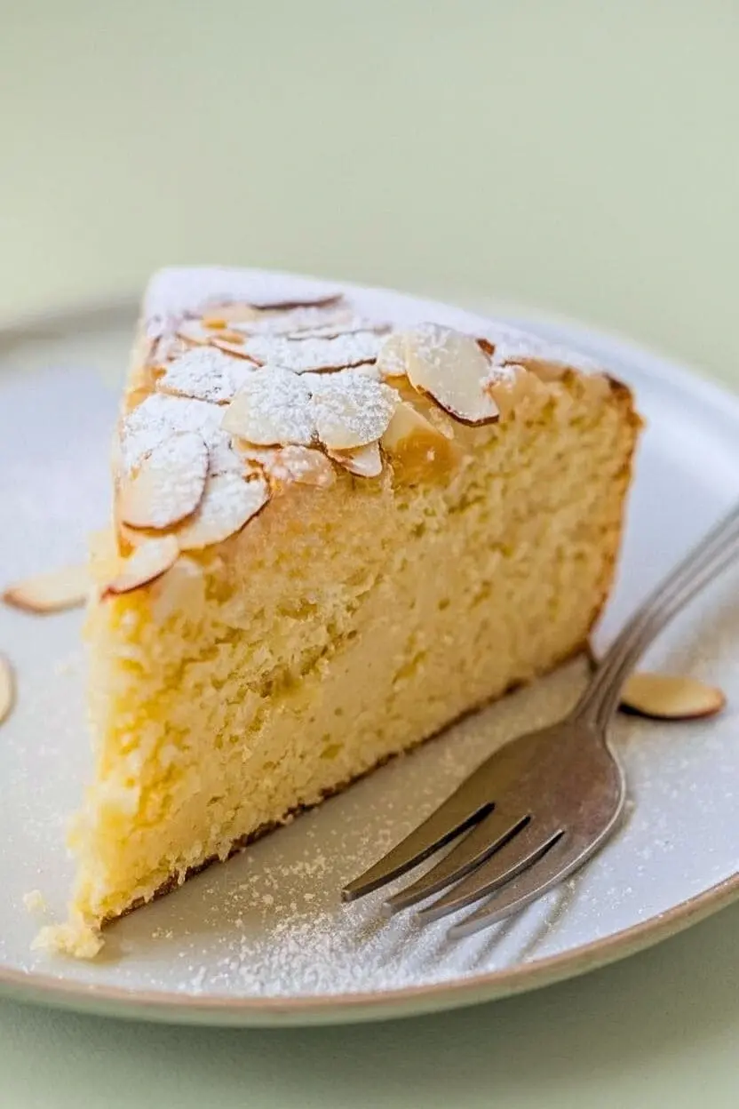 slice of almond nut cake on a white plate with a fork next to it.