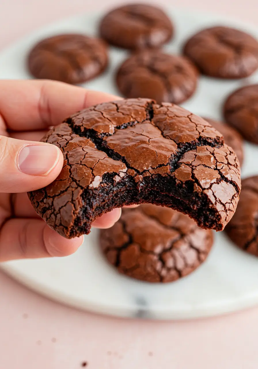 A hand holding one chocolate brownie cookie with a bite taken out of it.