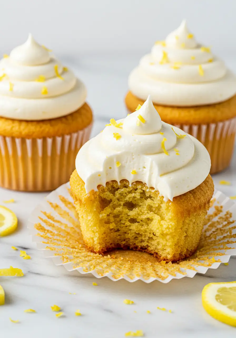 Three lemon cupcakes on a white marble plate and one of them has a bite taken out of it.