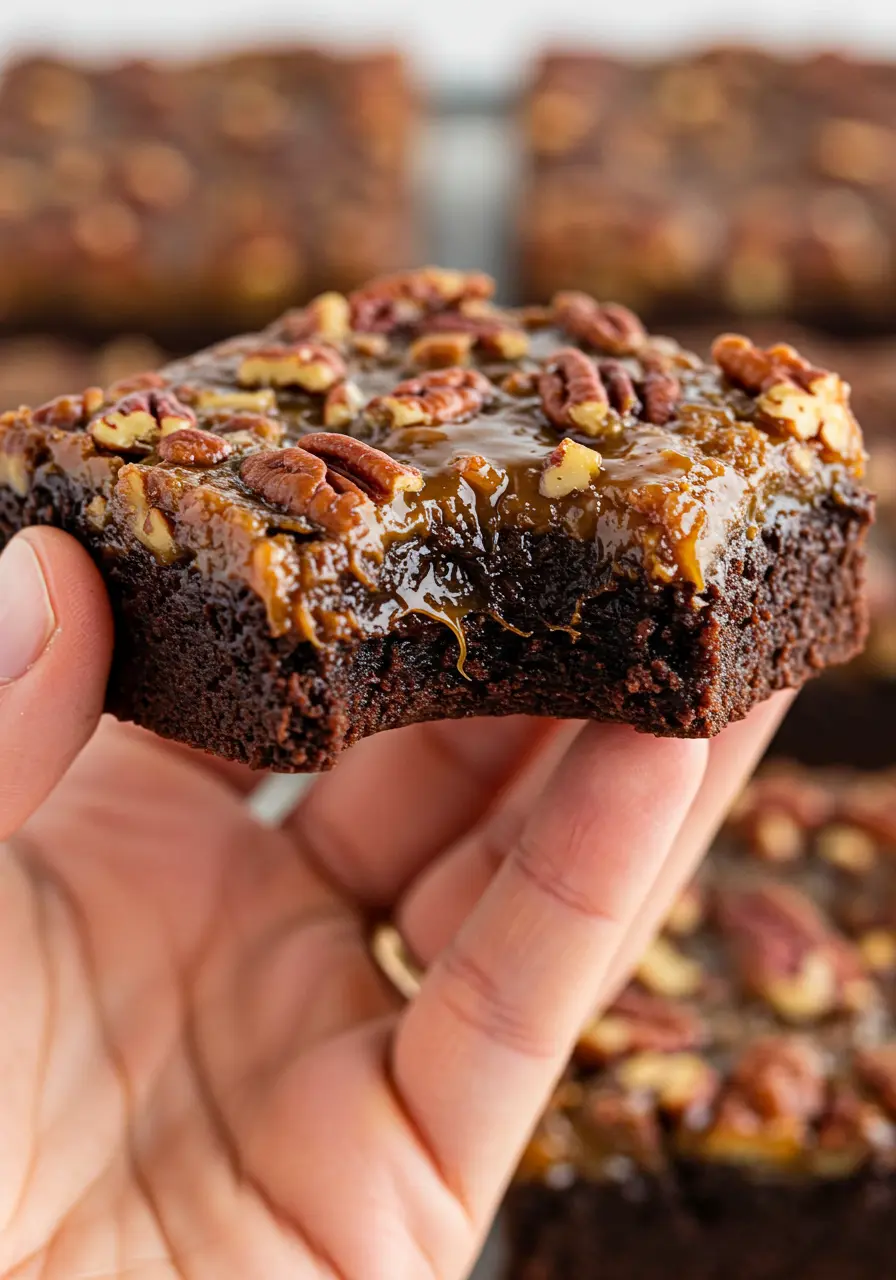 A hand is holding one pecan pie brownie with a bite taken out of it.