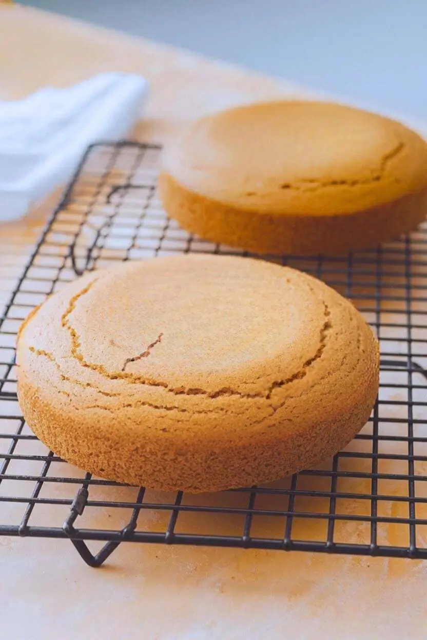 Two round cakes freshly baked rest on a cooling rack against a light orange surface.