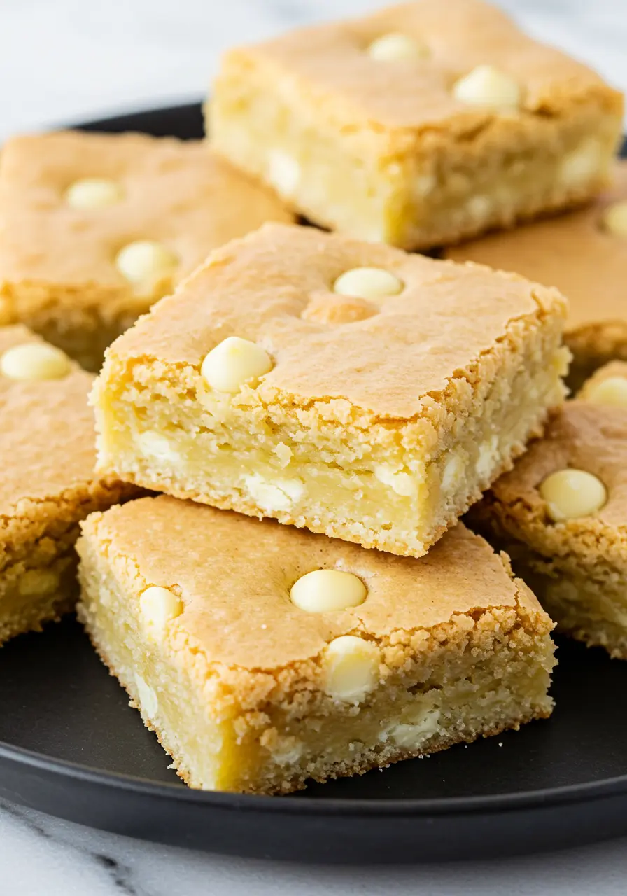 White chocolate brownies on a black plate against a white marble surface.