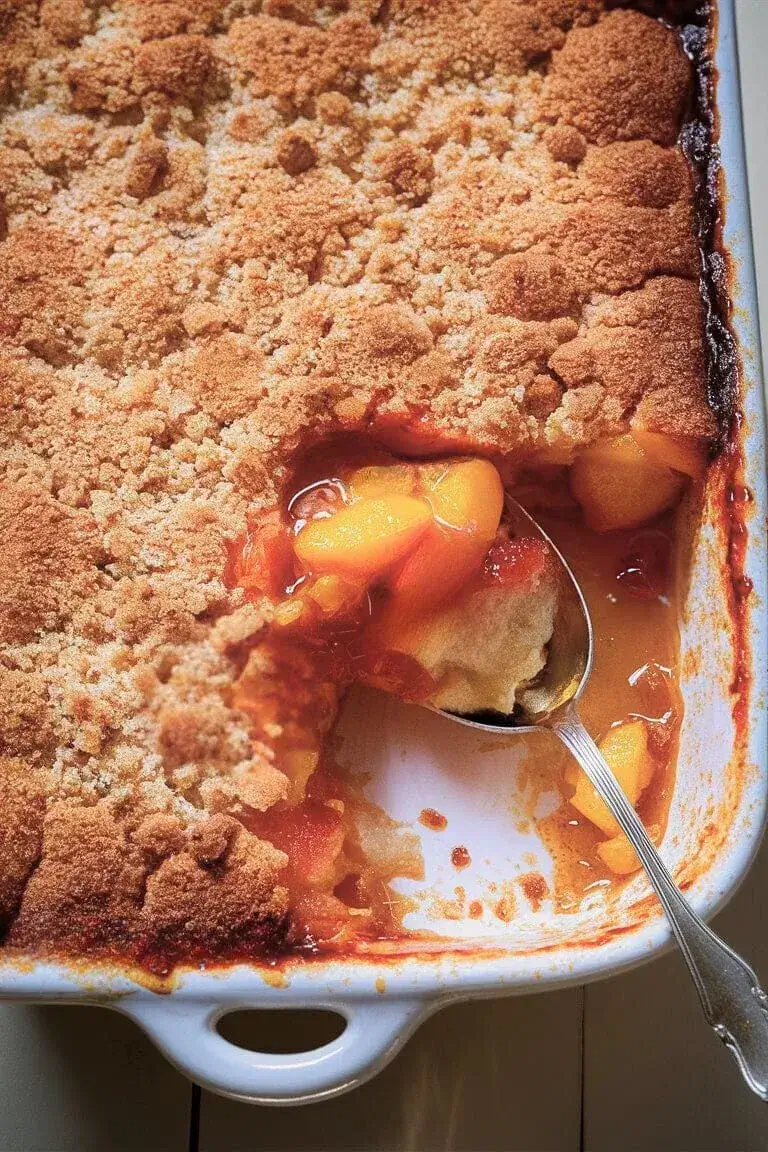 peach cobbler recipe with cake mix with crumbly surface on a baking pan, a spoon is scooping some of the dessert showing the moist of canned peaches.